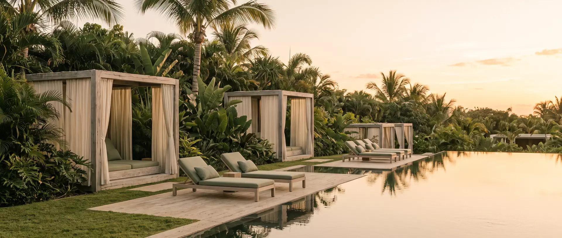 Curtained cabanas and loungers beside a still pool at dusk