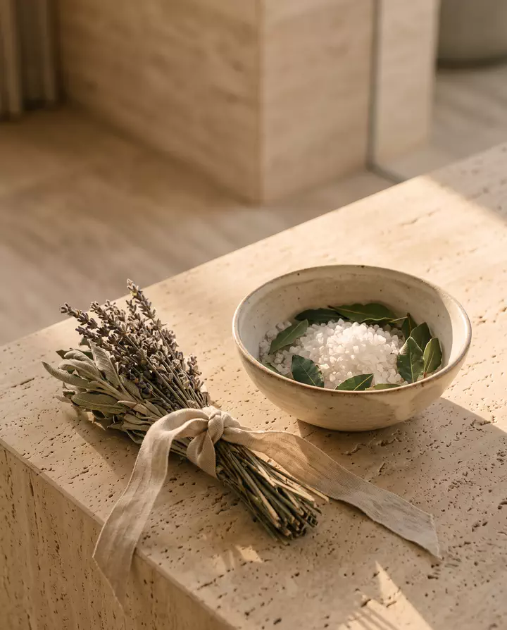 Dried lavender and a bowl of bath salts and bay leaves on stone