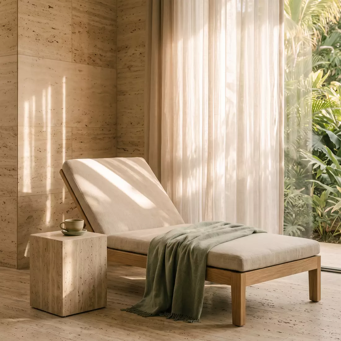 A lounger with a sage throw beside sheer curtains and a travertine wall