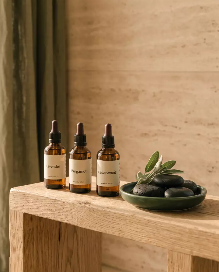 Essential oils and warm basalt stones on a wooden shelf