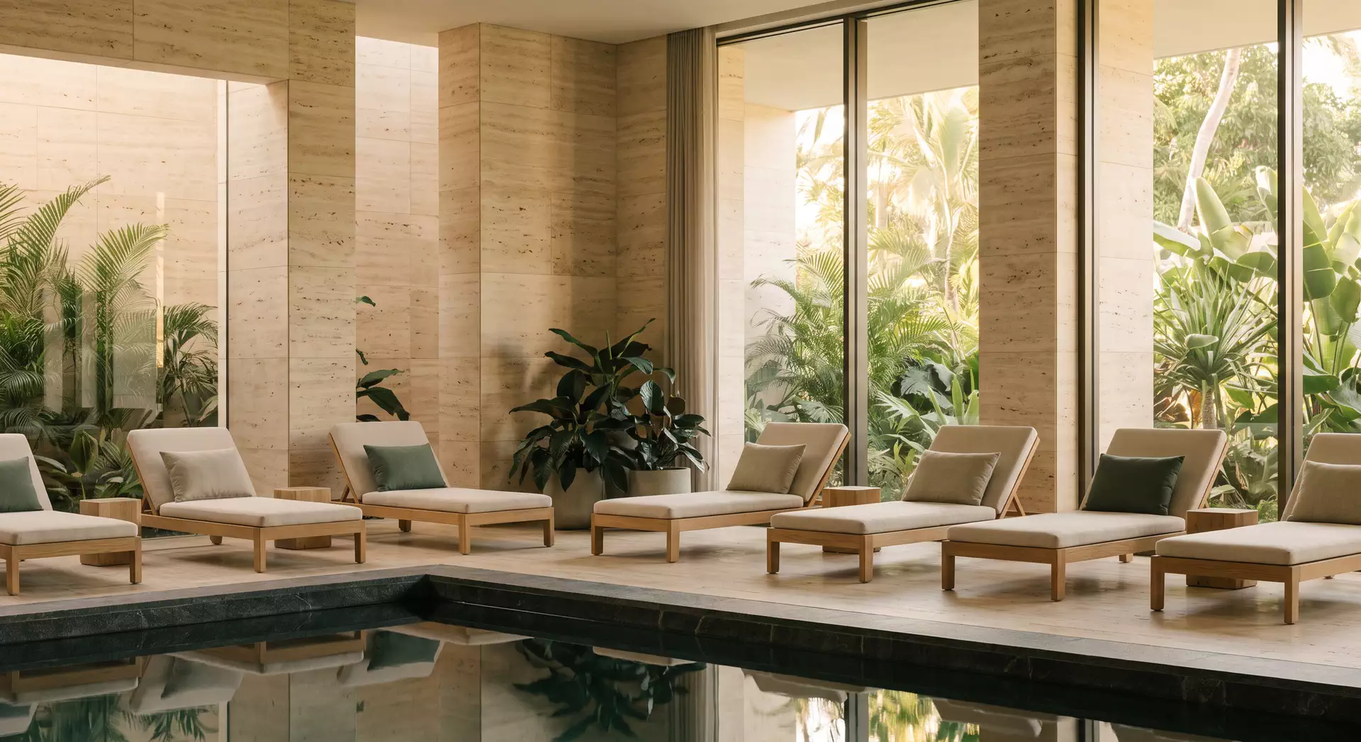 An indoor pool lined with travertine and lounge chairs, palms beyond the glass