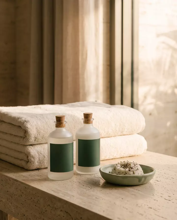 Folded towels and bath oils on a stone ledge